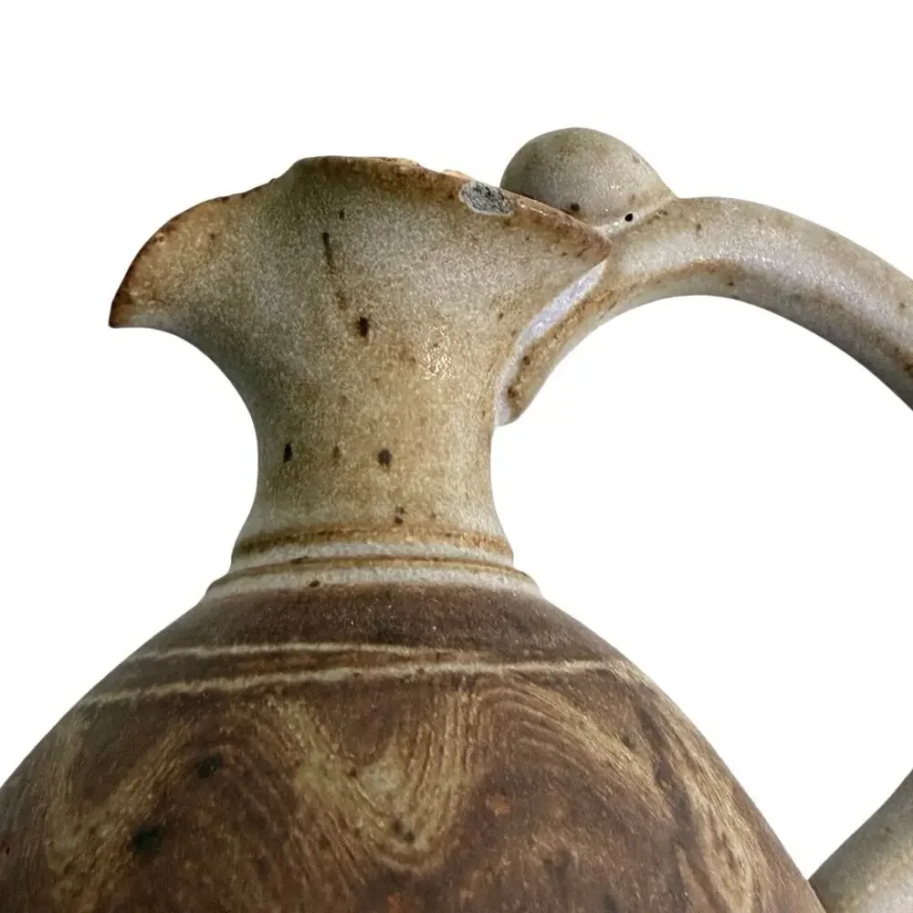 Handmade ceramic pottery signed artisan jug rustic brown tan tones blue glaze - Picture 7 of 12